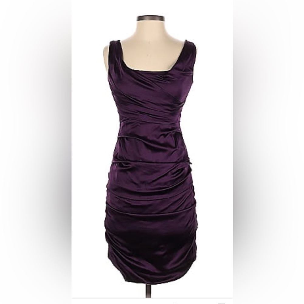 Elie Tahari plum cocktail dress sheath gathers silk satin